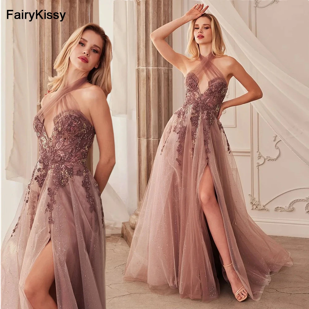 

FairyKissy Halter Neck فساتين السهرة Lace Embroidery Tulle Vestidos De Noche Elegant Sleeveless Illusion Side Split Prom Dresses