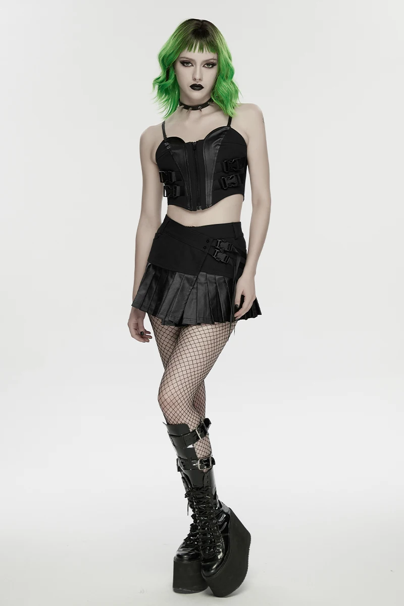 PUNK RAVE Women's Cyberpunk Elastic Denim  Rubberized Pleated Hem One-piece Skirt Casual Unrestrained Look Sexy Short Skirts
