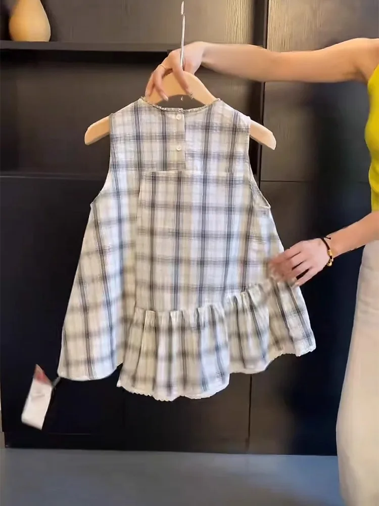 Été mince Plaid irt femmes Svel rond Ne gilet haut Faionable Agel coréen Sle trajet vent coupe ample ort...