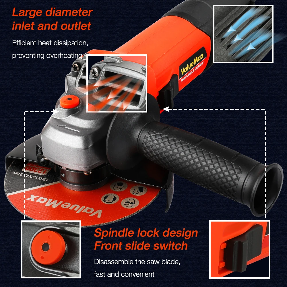 ValueMax 750W Electric Angle Grinder 125mm 220V Corded Grinding Machine Grinding Polishing and Cutting Machine Repair Power Tool