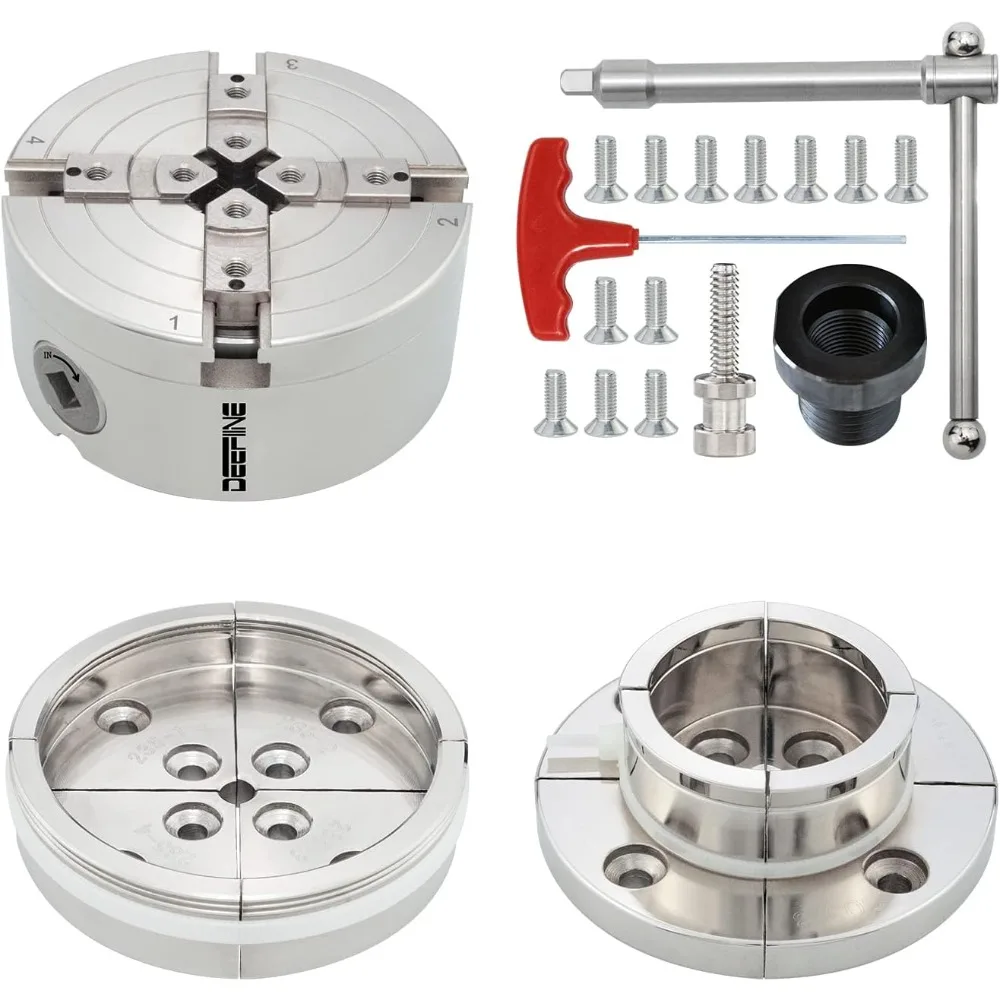 

4 Inch Wood Lathe Chuck Set 1" x 8 tpi thread & 3/4"x16TPI Adapter, Nickel Plated Self Centering 4 Jaw Wood Turning Chuck set
