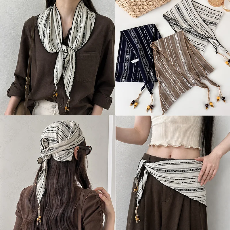 Triangle Scarf Boho Geometric Stripe Women Casual Retro Ethnic Versatile Polyester Medium Lightweight Multicolor Head Wrap Neck