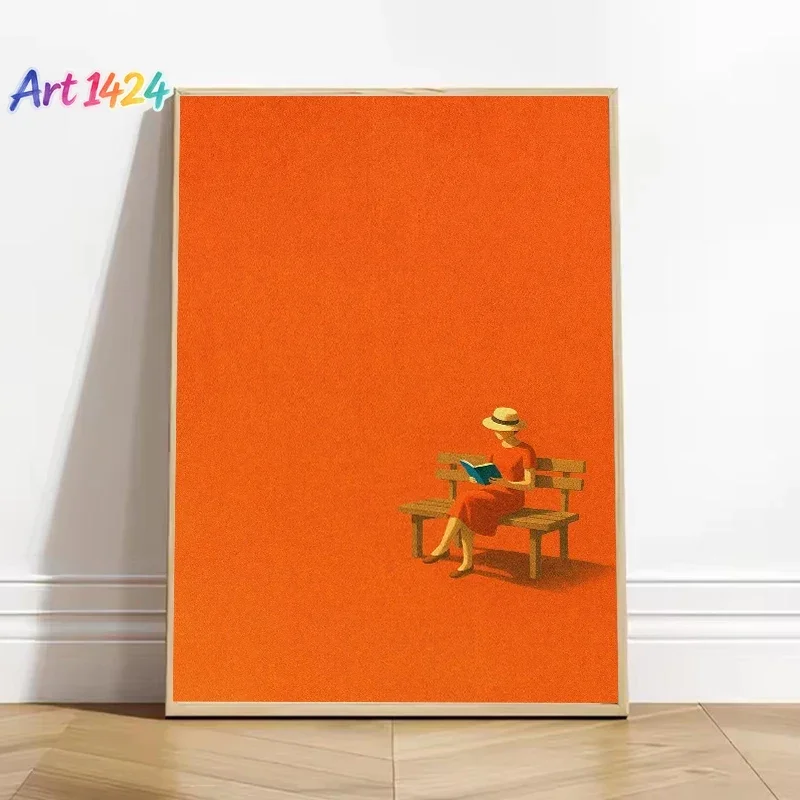 1pc framelessOrange Warm Sunny Woman Reading Book Poster Print Minimalist Wall Art Canvas  Aesthetic for Living Room Home Dec