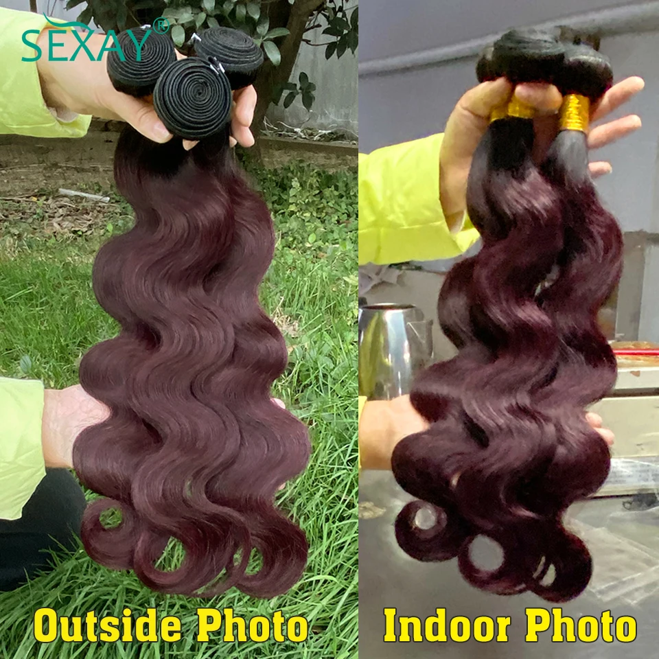 1B 99J Body Wave Bundles With Closure Free Part Brazilian Human Hair Ombre Burgundy Hair Bundles With Transparent Lace Closure