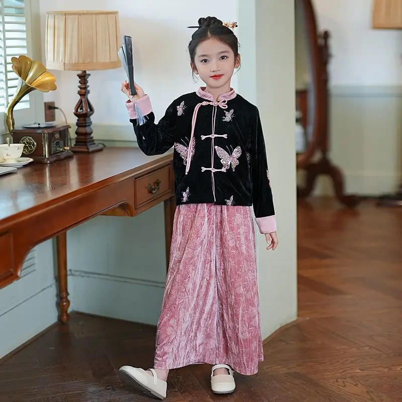 Girls' New Chinese Embroidery Ancient Chinese Costume Hanfu Set 2026 New Children's Ancient Long-sleeve Hanfu 2-piece Set LI652
