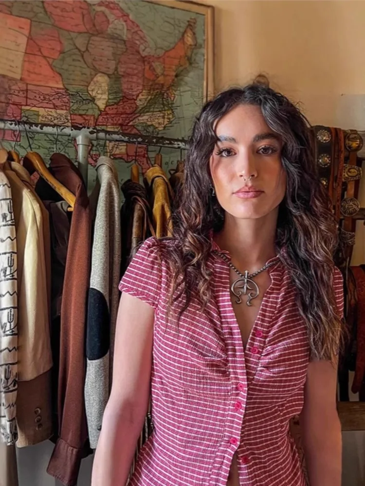 

Summer Slim Blouse For Woman Shirts Tops Short Sleeves All-match Simple Style Fashion Lattice Casual Vintage Commuting Vacation