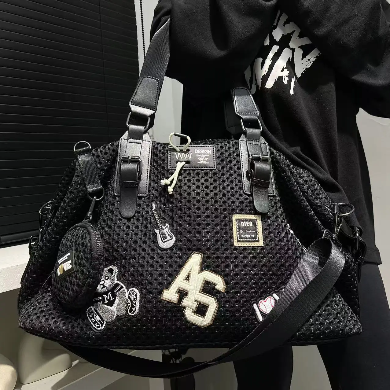 Fashionable Women's Mesh Nylon Adhesive Tote Bag, Large Capacity Splicing Shoulder Bag, Short Distance Travel Casual Handbag