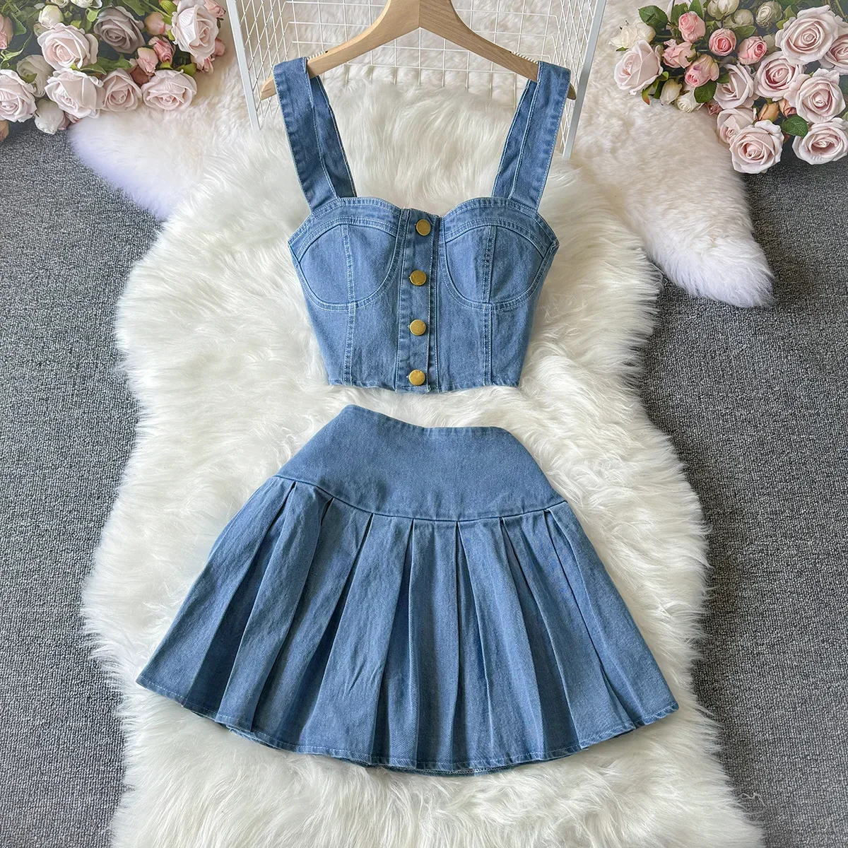 Two Piece Sets Women Sexy Dress Sets Skirt Set Sling Sleeveless Casual Denim Tops Short Skirts A Line Elegant Splice Y2k Summer