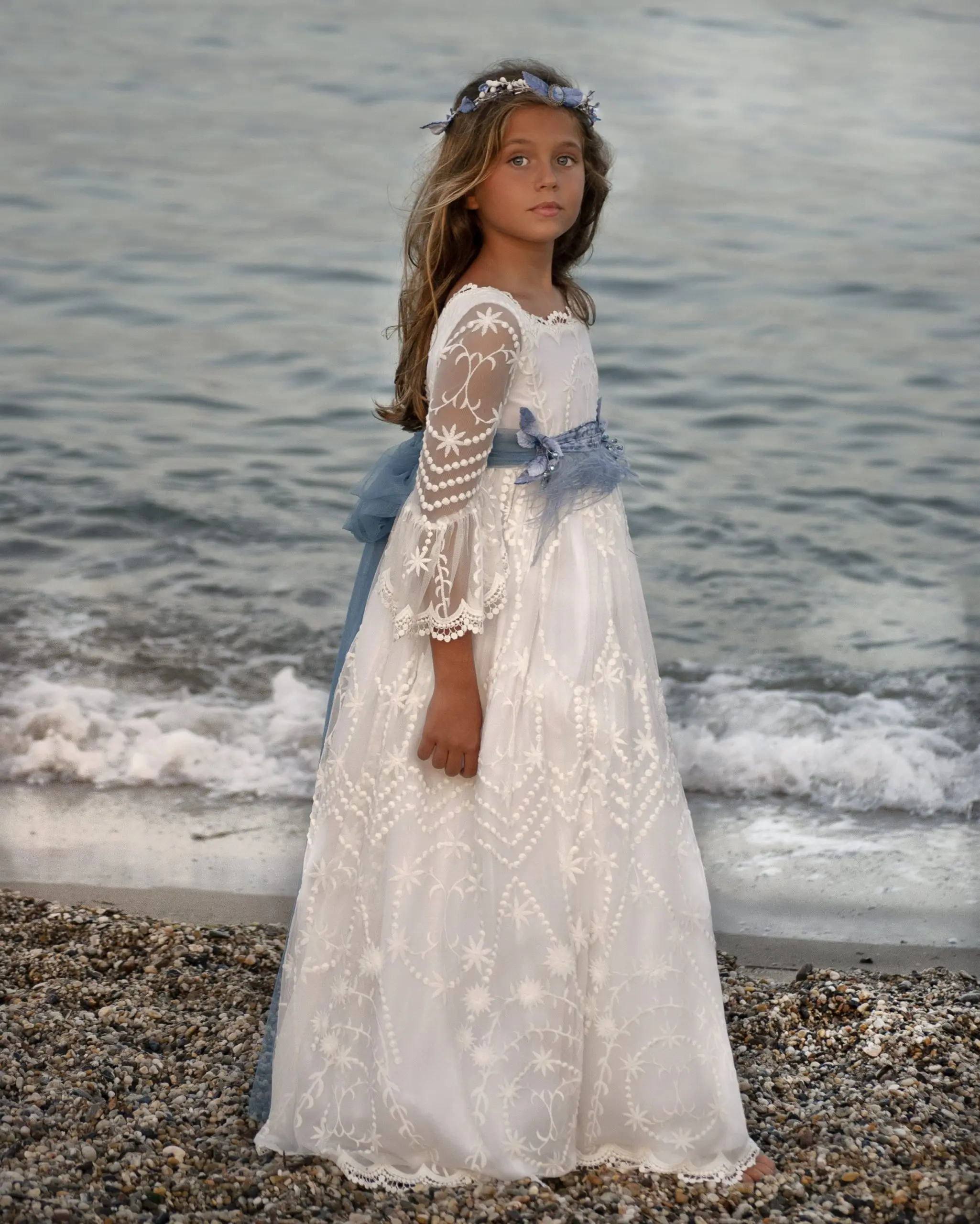 Blue Bow Half Transparent Sleeved A Bohemian Style Communion Dress Square Collar Neckline Double Layered Embroidery