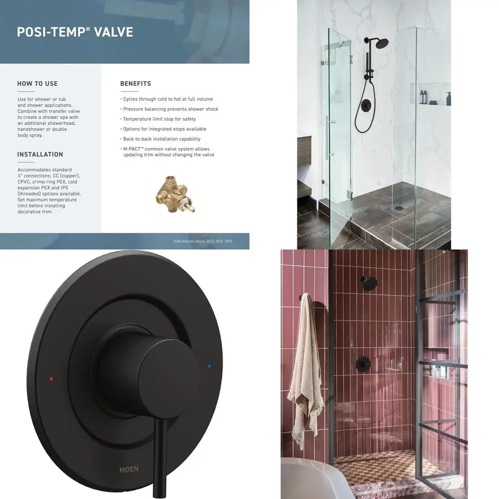 Black Matte Finish Pure Balance Shower Trim Kit with Lever Handle for Temperature Control (Posi-Temp System), T2191BL