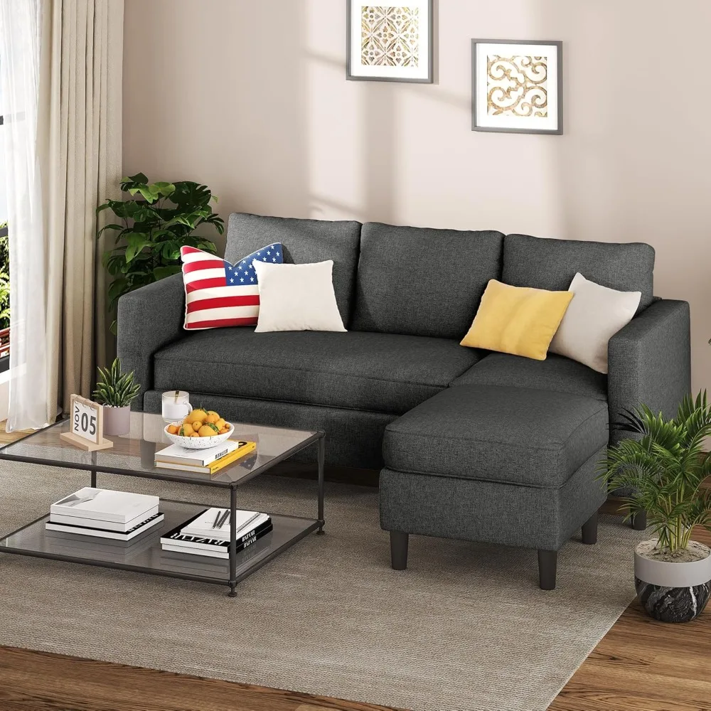 

Small Sectional Couch Sofas, 3 Seat L Shape Sofa with Ottoman, Fabric Upholstered Convertible Sofa Couches, Small Cou