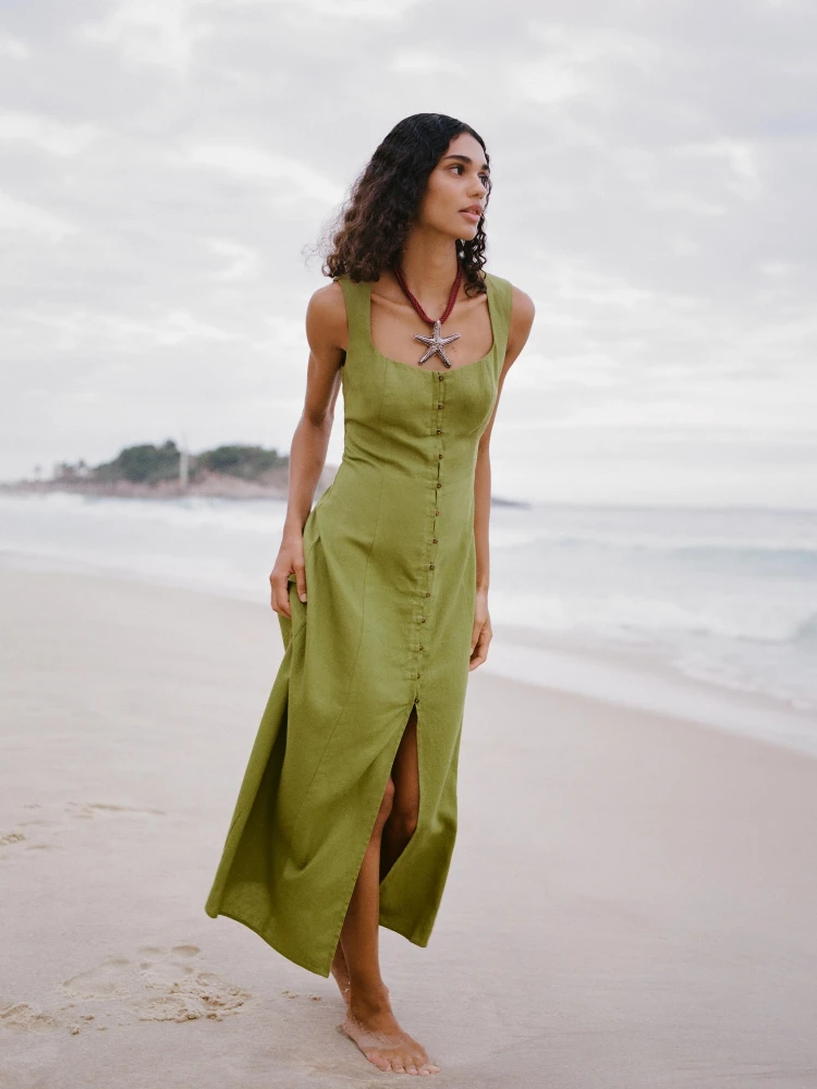 Robe mi-longue en lin, sans manches, col carré, élégante, minimaliste, robe de plage d'été