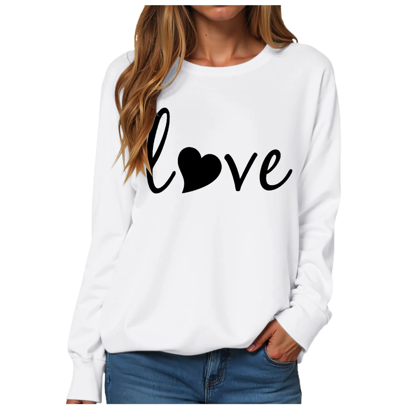 Women Valentine Day Print Casual Crew Neck Sweatshirt Long Sleeve Sports Shirt Oversize Hoodless Sweatshirt Basic Tops For Woman