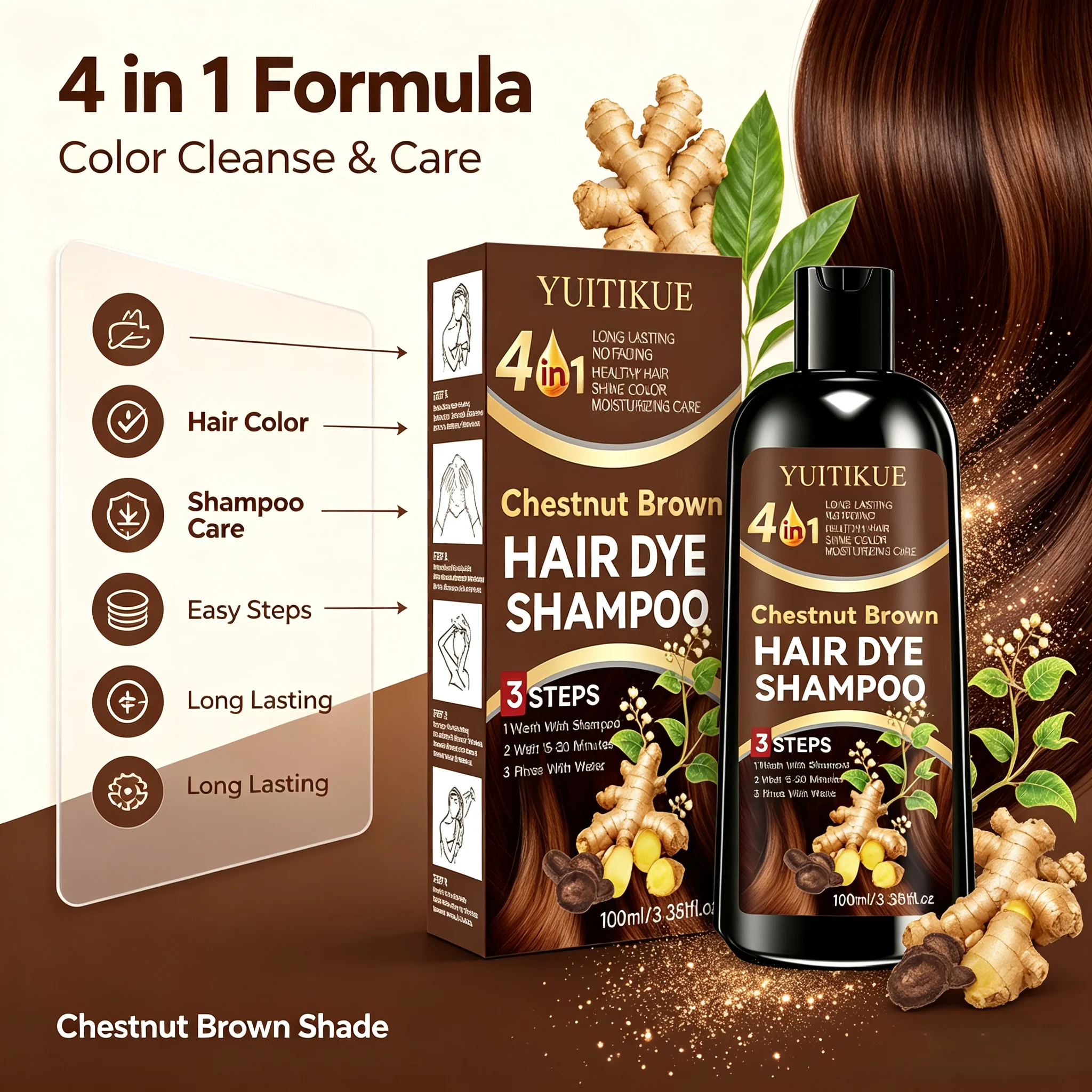 Hair Color Shampoo Chestnut Brown 4 In 1 Formula Long Lasting Anti Fading Easy 3 Steps Nourishing Hair Dye Shampoo 100ml