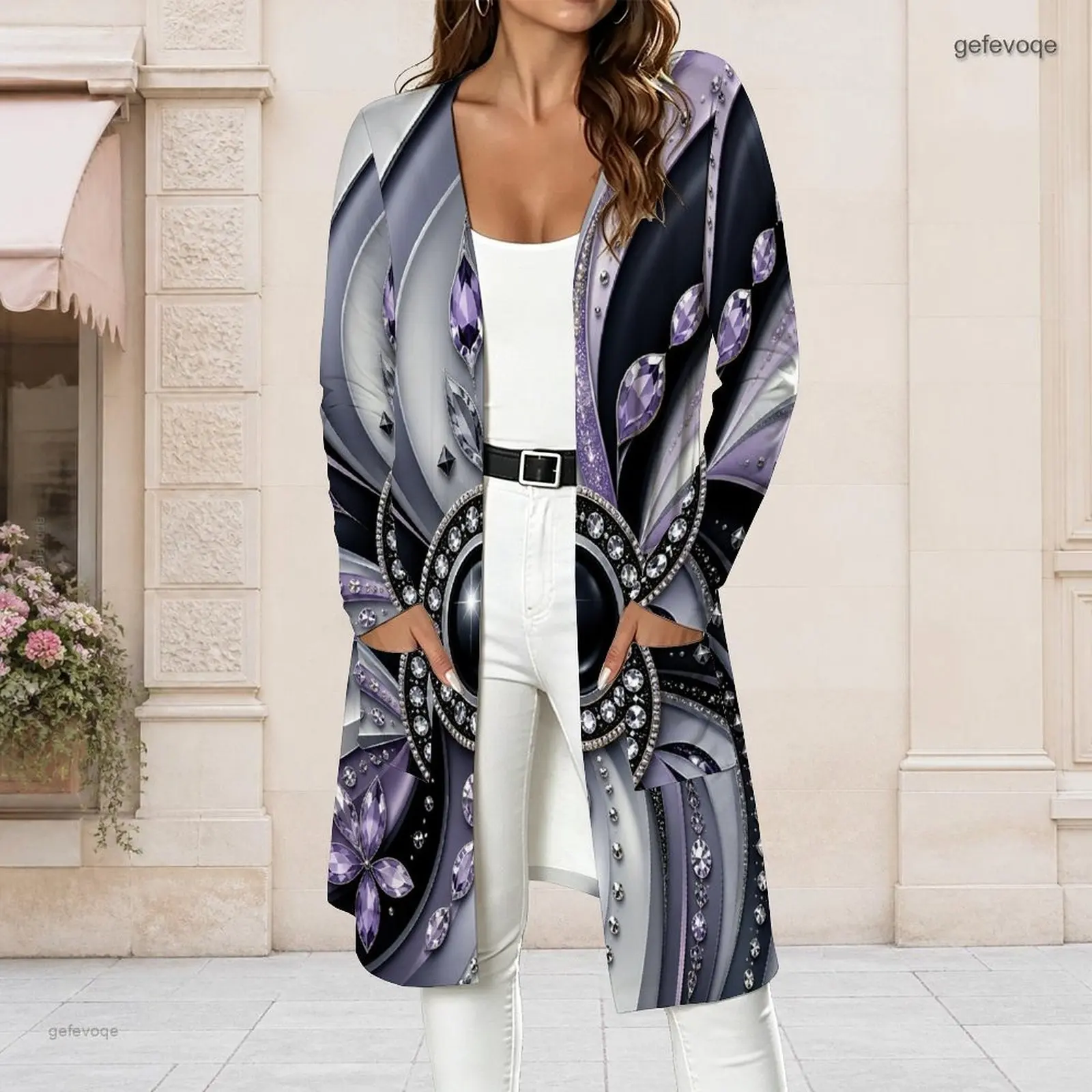 Women Black Abstract Dotted Swirl Printed Long Sleeve Open Front Longline Cardigan with Pockets