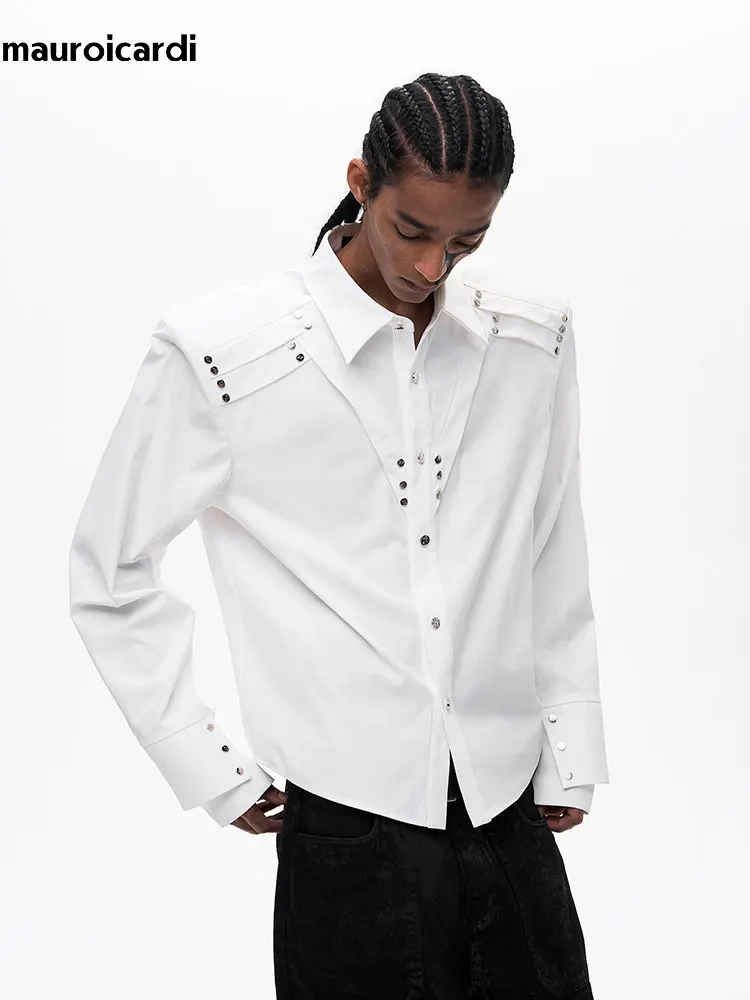 

Mauroicardi Spring Autumn White Shirt Men Rivet Long Sleeve Mens Designer Emo Clothes High Quality Shirts for Men Runway Fashion