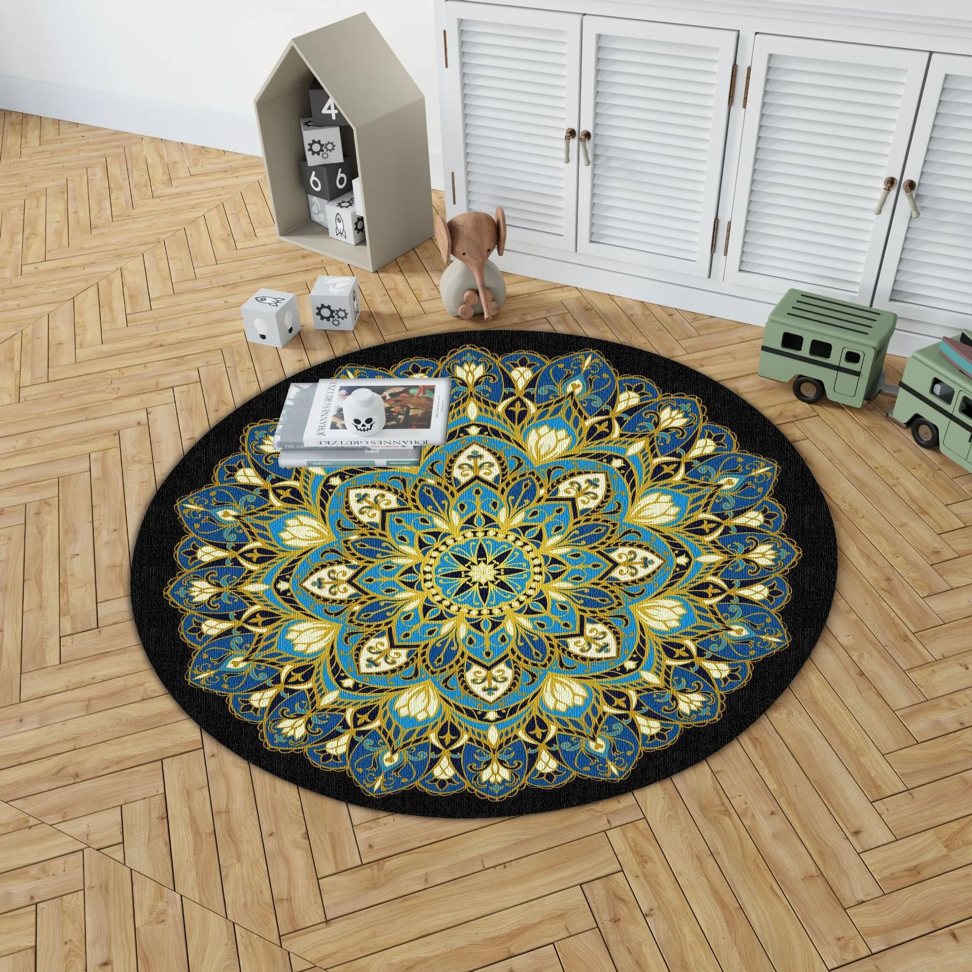 

Geometric Round Rug – Bohemian Artistic Floor Mat in Rich Colors for Bedroom or Living Room
