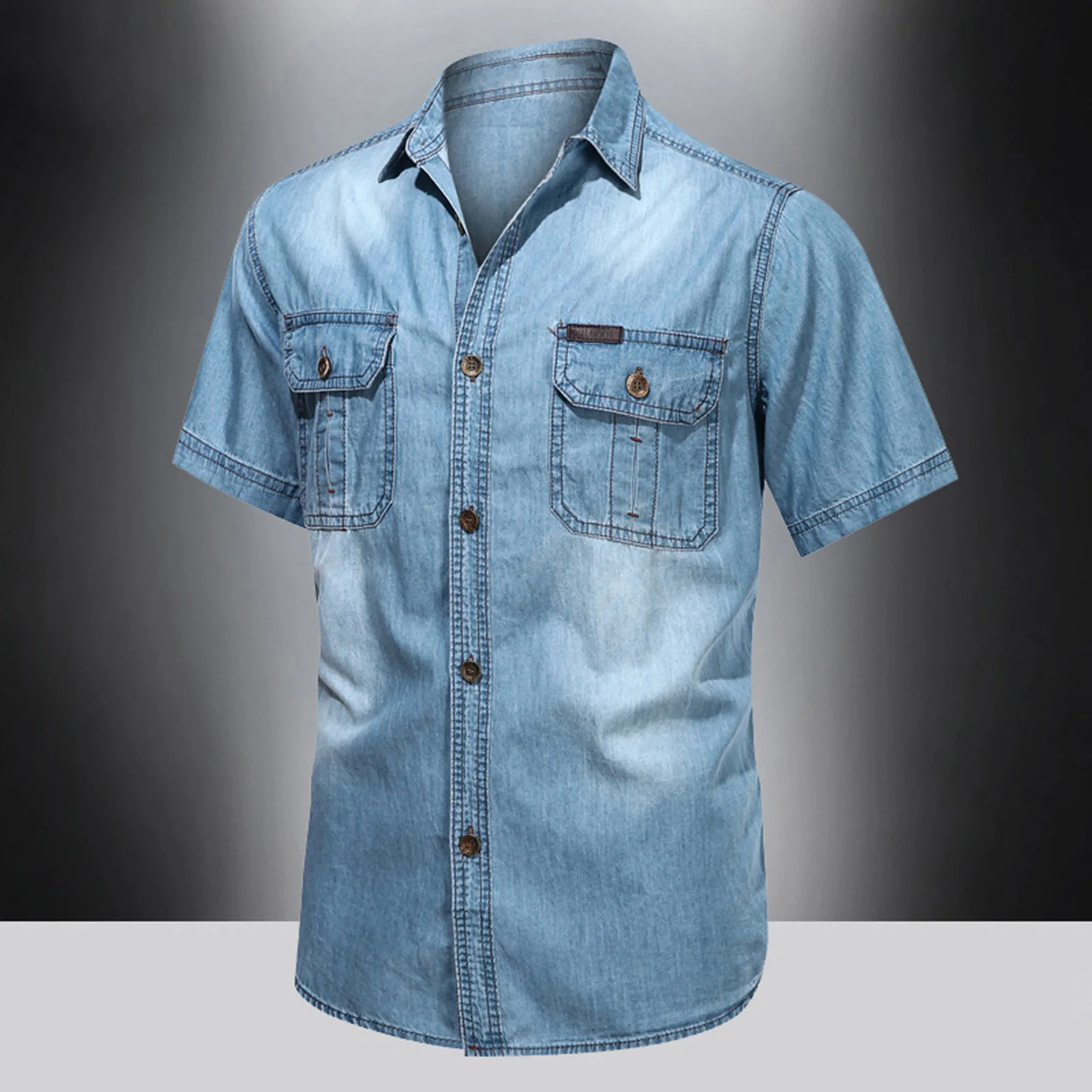 Vintage Street Denim Shirts For Men Male Summer Solid Shirt Short Sleeve Pocket Turn Down Button Shirt Hemden FüR MäNner
