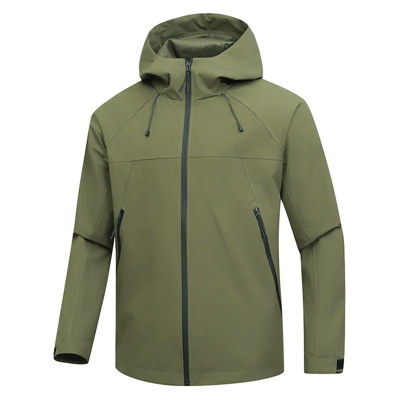 Windbreakers Men Jacket Long Sleeve Hooded Zipper Casual Drawstring Outerwear Coat Pockets Hiking Solid Slim Fit Autumn Winter