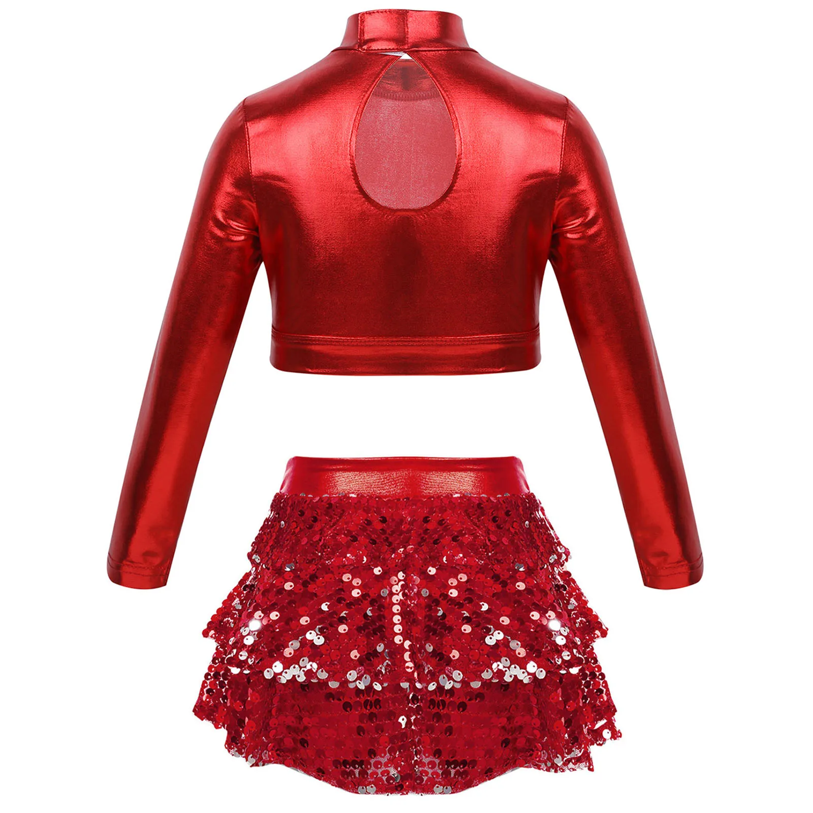 Kinder Mädchen glänzend metallisch Ballett Tanz setzt Crop Top mit gestuften Rüschen Rock Shorts Outfits für Latin Jazz Daning Kostüm