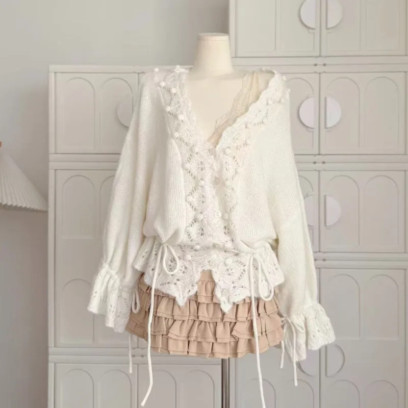 Lazy Style Loose Hollow Hook Flower V-neck Sweater for Women Spring Autumn New Chic Design Korean Drawstring Hem Knit Cardigans