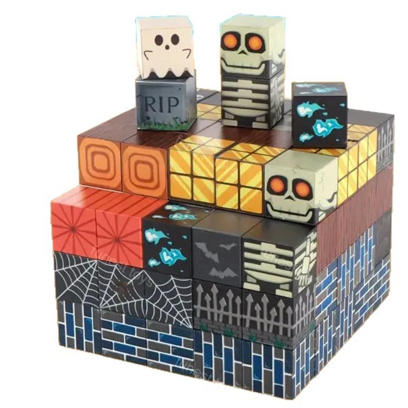 100 قطعة مجموعة كتل مغناطيسية ألعاب بناء للأطفال مشهد الهالوين نموذج عالمي مغناطيسي لمكعبات مونتيسوري الحسية هدايا للأطفال الصغار