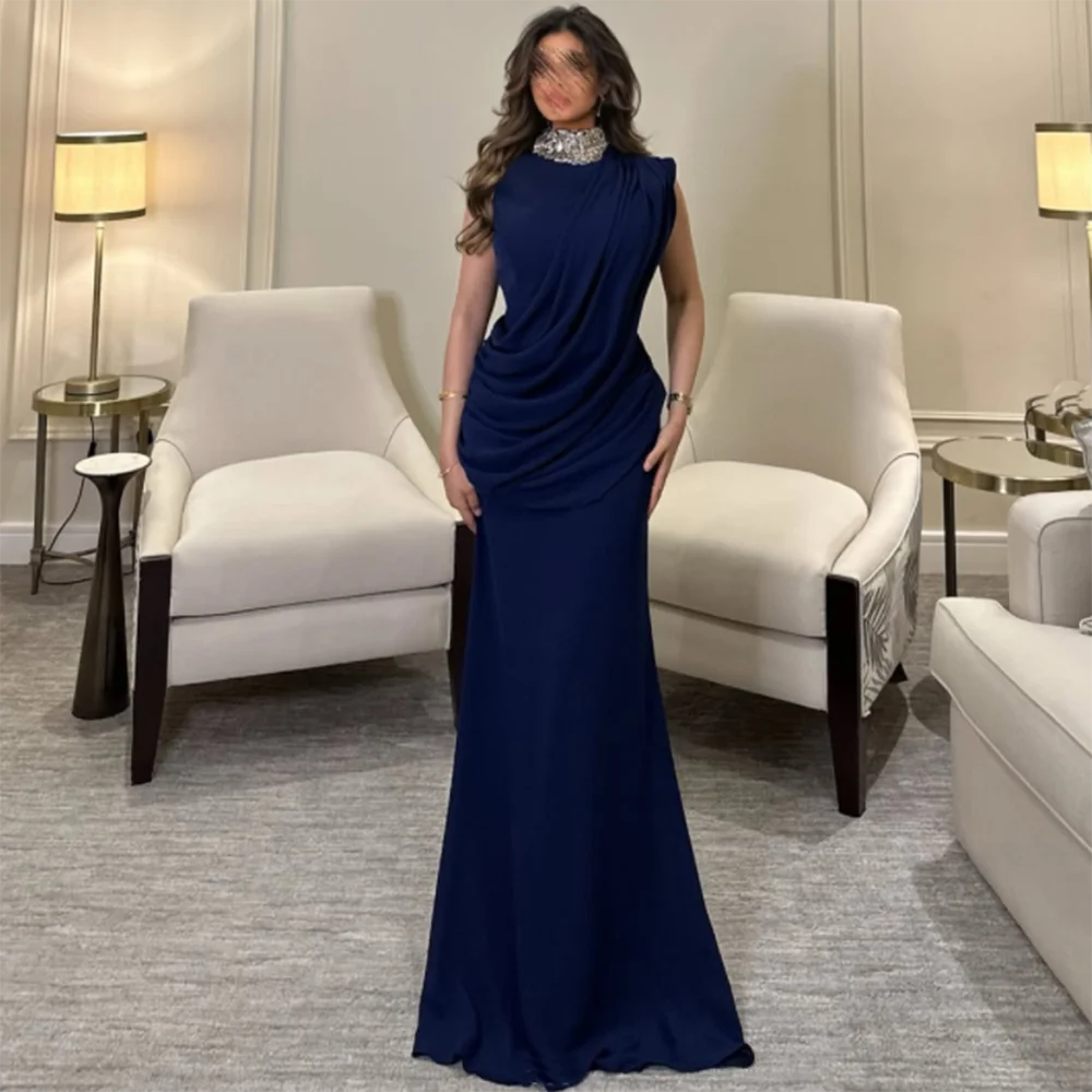 Vestidos de fiesta de sirena rectos personalizados, vestido de noche sin mangas con cuello alto hasta el suelo, vestido de fiesta drapeado con lentejuelas a la moda