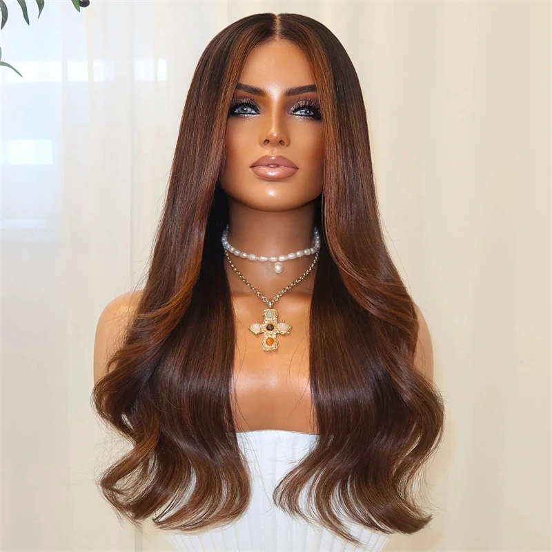 Preplucked Hairline Ombre Dark Brown HD Lace Front Wig Synthetic Hair Wig Heat Resistant Fiber Balayage Premium Wig 26 Inches