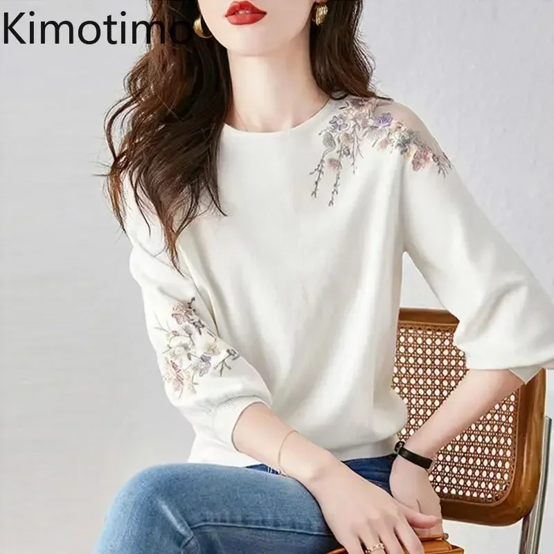 Kimotimo Embroidery Flower Hollow Sweater Women 2023 New Three Quarter Sleeve Thin Knit Tops Korean Fashion Versatile Pullover