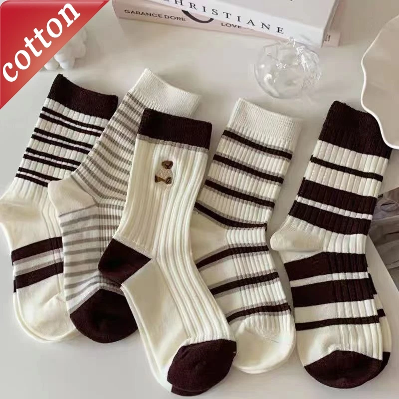 

5 Pairs Women's Socks Set Japanese Cartoon Embroidered Comfortable Soft Cotton Socks Bear Stripe Cute Kawaii Versatile Mid Socks