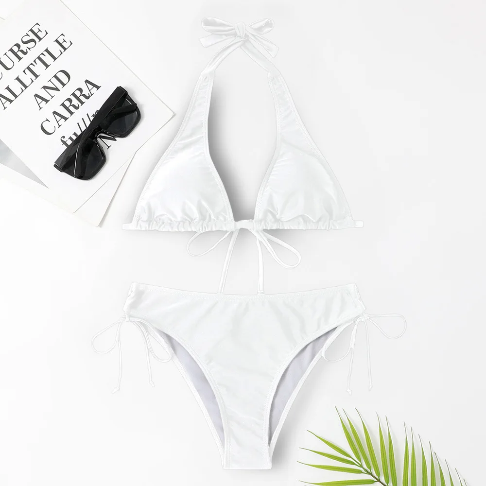 Fashion Beach Woman 2 Piece Outfit Set Summer Holiday Bandage Lace-Up Bikini Summer Suit Sexy Solid Color Swimwear With Panties