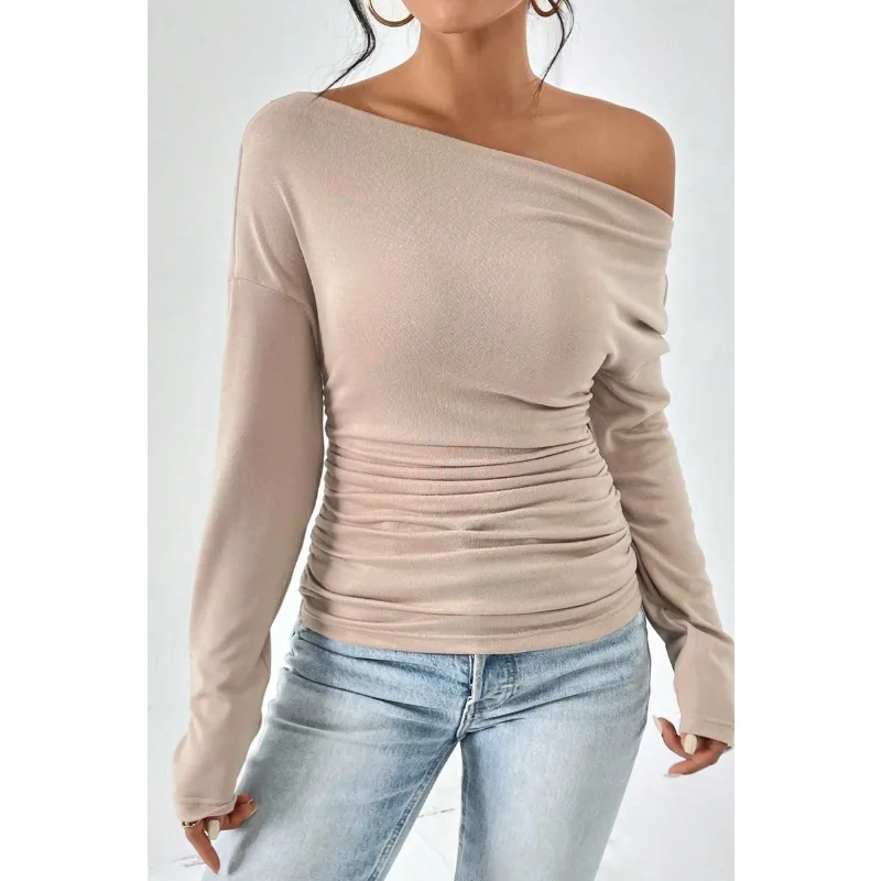 

2026 Spring Women's T-shirt New Solid Color Off-the-shoulder Asymmetrical Neckline Long-sleeved Top
