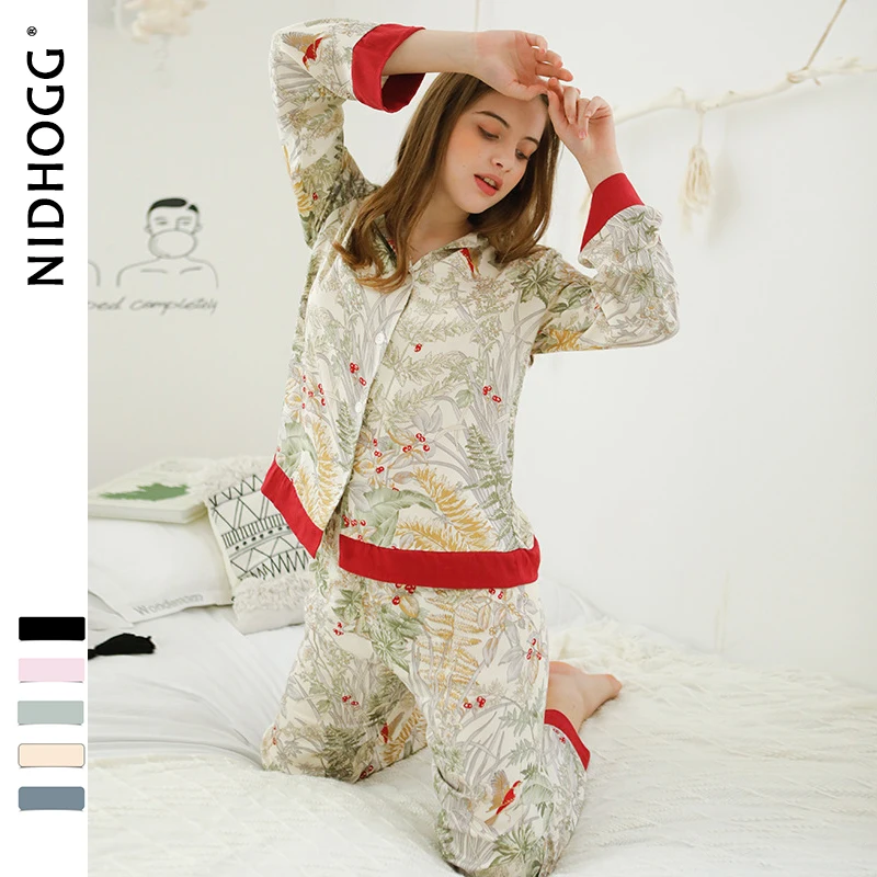 Spring New Casual Long Sleeve Satin Pajama Set Green Grass Printing Sleepwear Loungewear Women Turn-down Collar Pijama Mujer