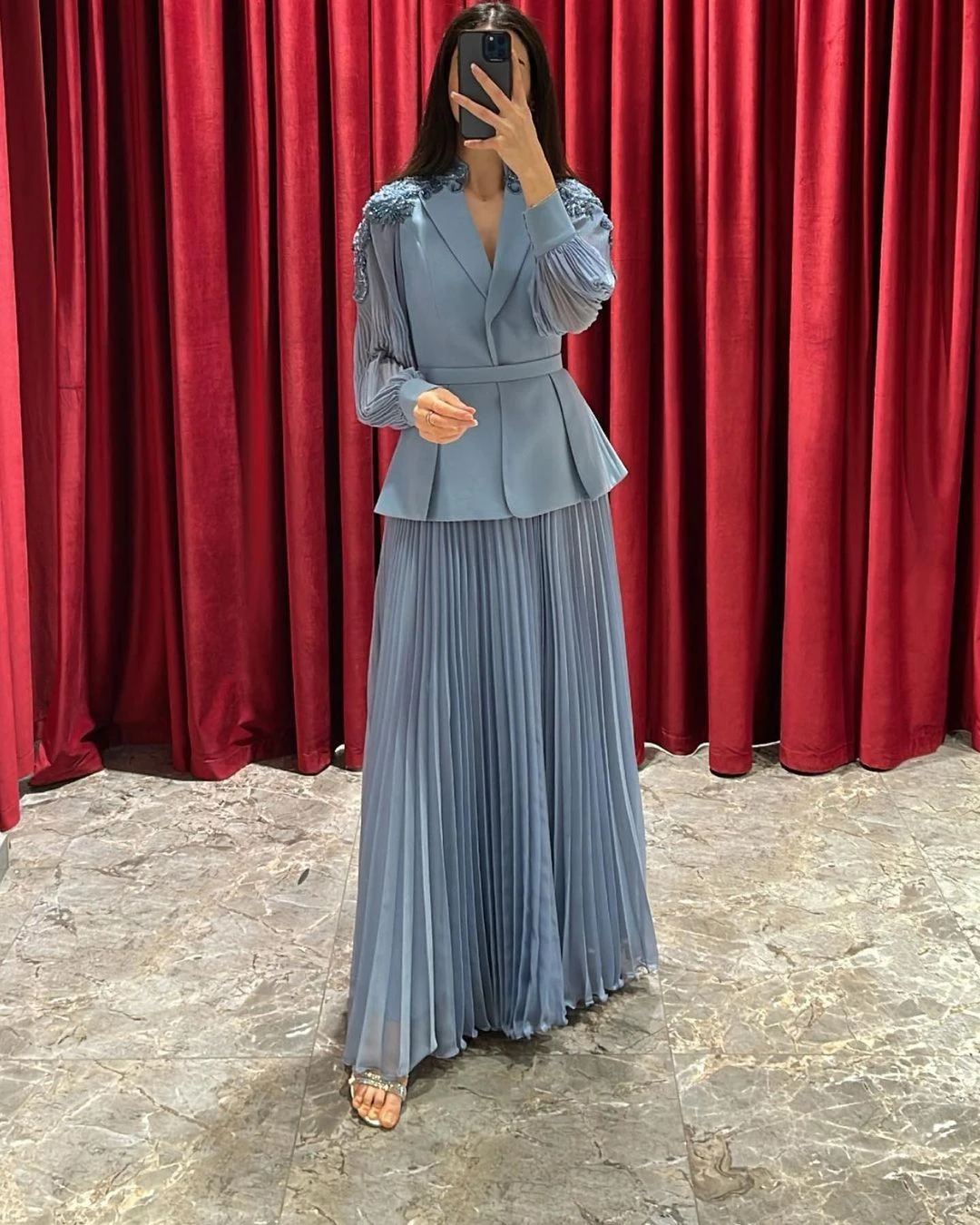 Customized Jiayigong Formal Occasion Women Wear V Neck Evening Dresses Long Sleeves  Beaded Pleated Special Party Robes