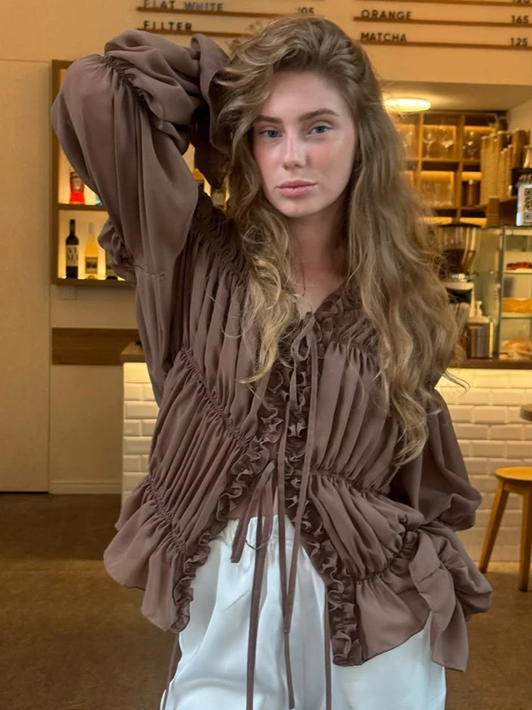 Tossy plis transparent chemises décontractées haut femmes ample à lacets col en V Vintage Patchwork à manches longues trajet chemises pour femmes