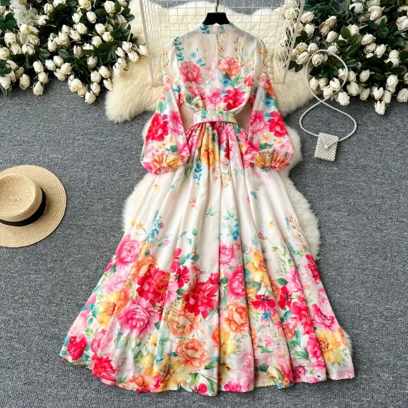 Stand Collar Single Breasted Lantern Sleeve Dress Fresh Floral Print Sweet Vestido Mujer Belt Slim Waist Big Swing Panelled Robe