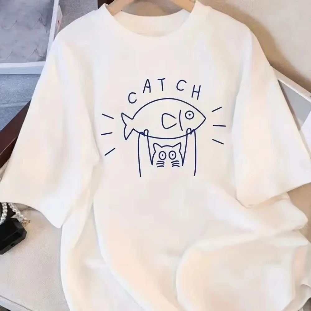 Caught Fish Couple T-shirt Round Neck Short Sleeve Summer New Loose Commuter Weekend Daily Popular Printed T-shirt Y2K