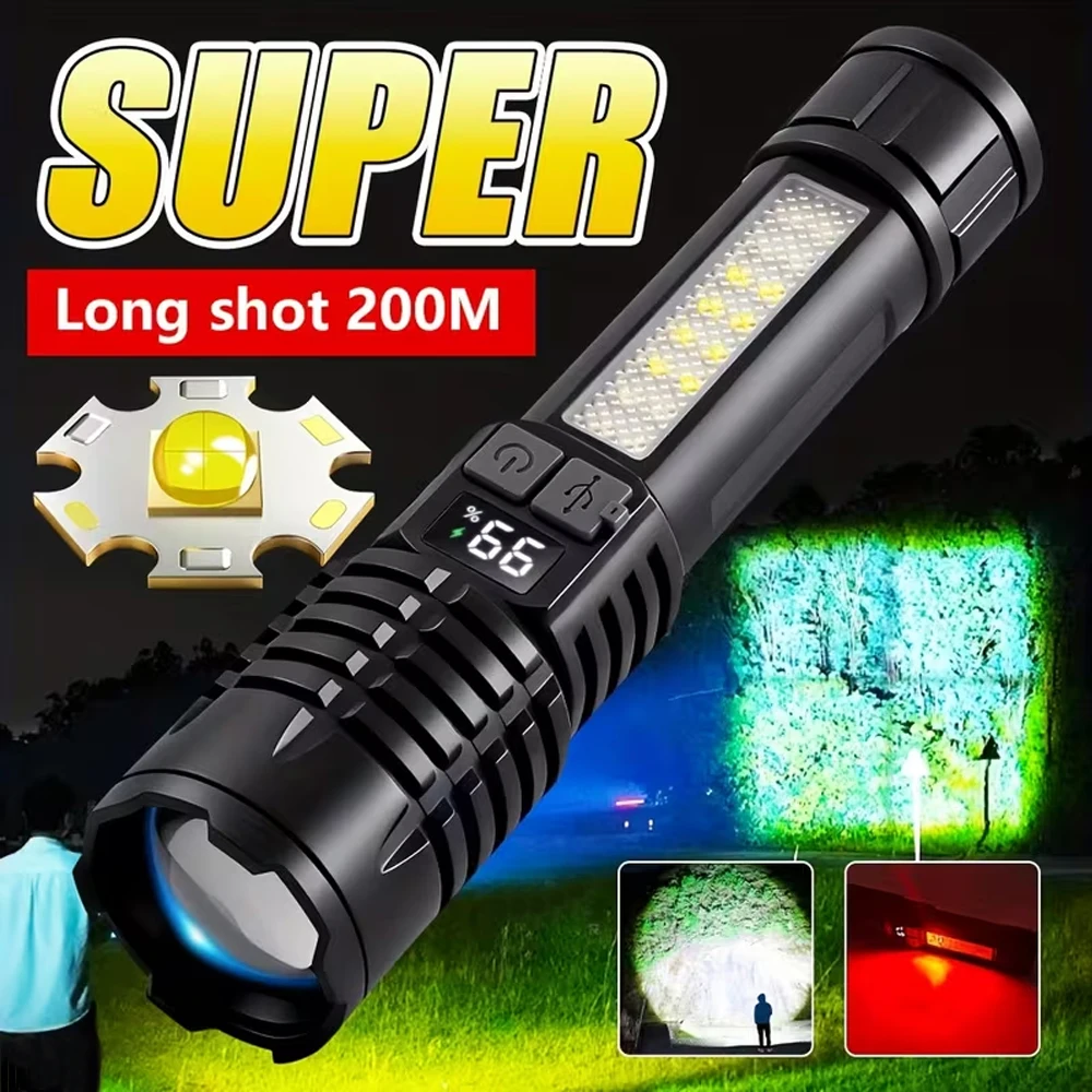 High Strong Power LED Flashlights USB Rechargeable Portable Tactical Torch With COB Side Light Camping Fishing Zoom Lantern