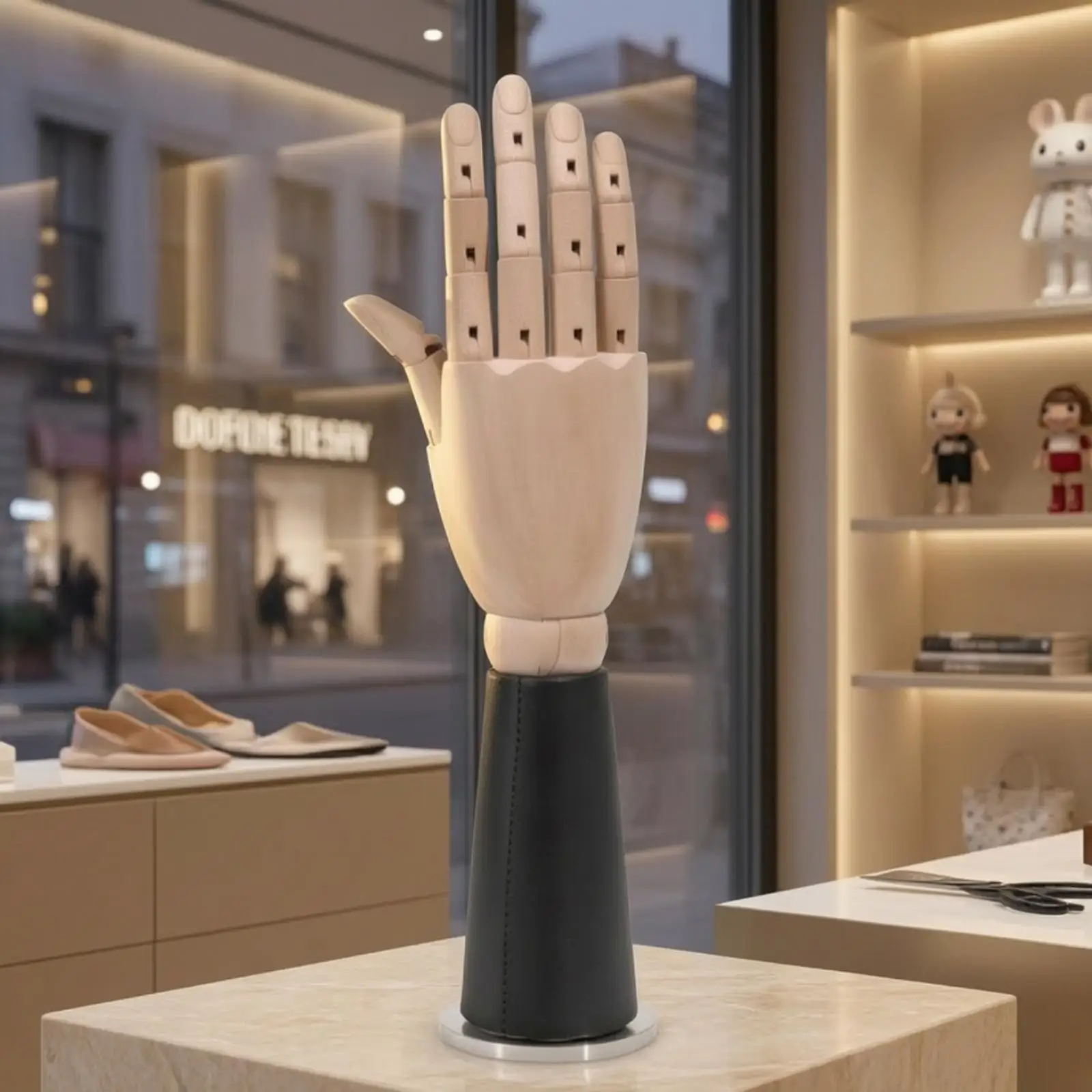 Realistic Mannequin Hand with Movable Fingers and Round Base for Ring Display Art Practice Table Decor