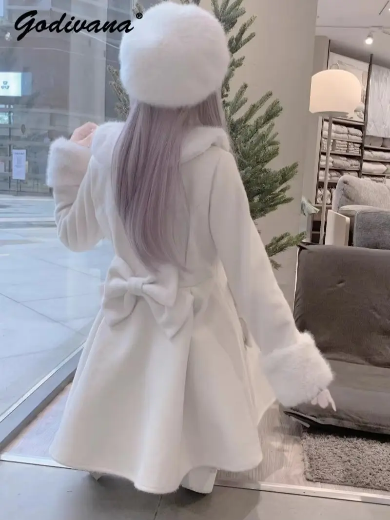 

Новое оригинальное зимнее женское пальто из шерсти Лолиты с милым бантом и меховым воротником, облегающая однобортная черно-белая шерстяная куртка, верхняя одежда