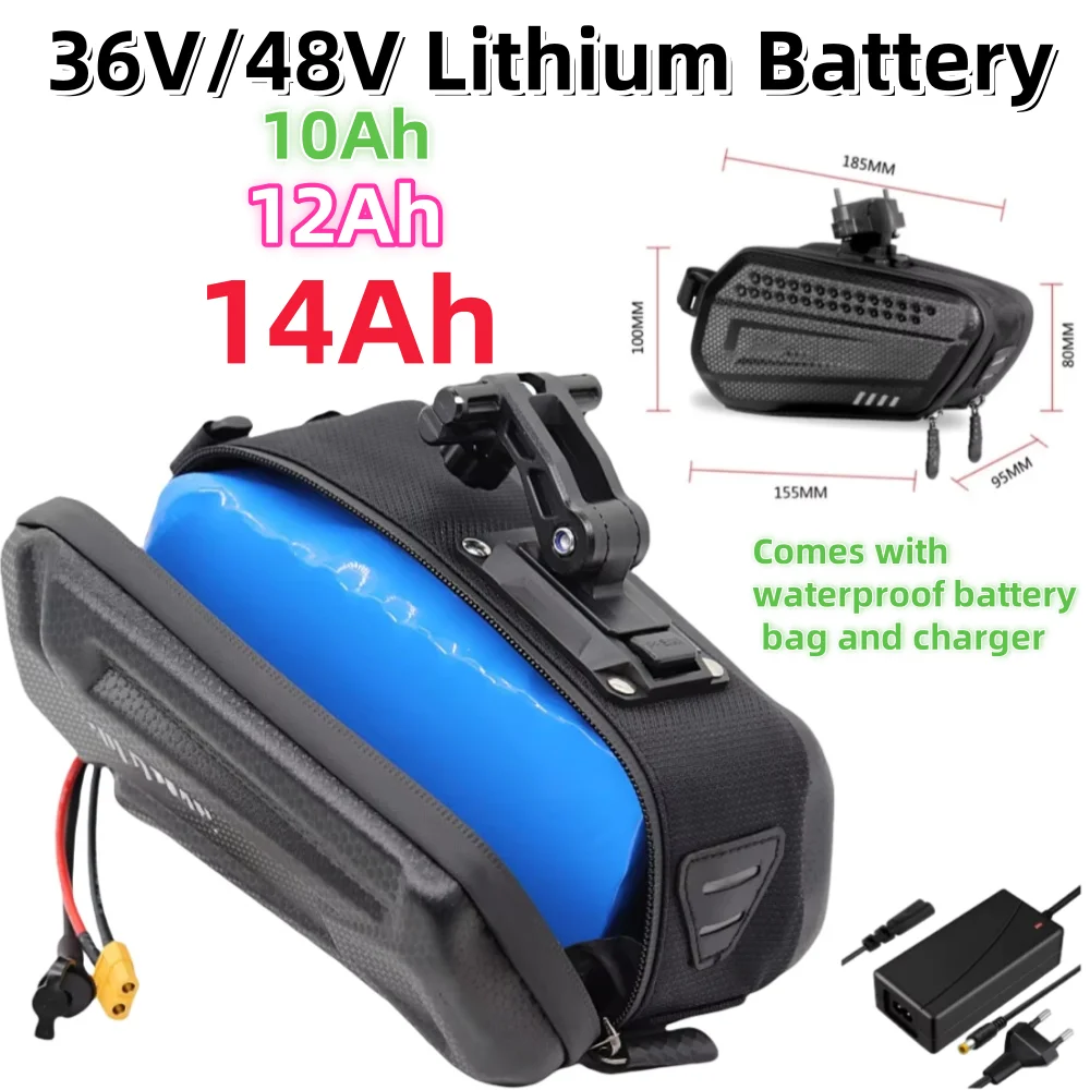 Batteria al litio ad alta capacità 36V/48V 10Ah 12Ah 14Ah 18650 10S4P per scooter elettrico da bicicletta con borsa