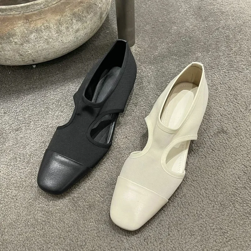 Sapato baixo com tecido elástico para mulheres, sapatilhas de toe quadrado para senhoras, casual e conciso, moda primavera, monocromático, Saldos de 2021, 2024