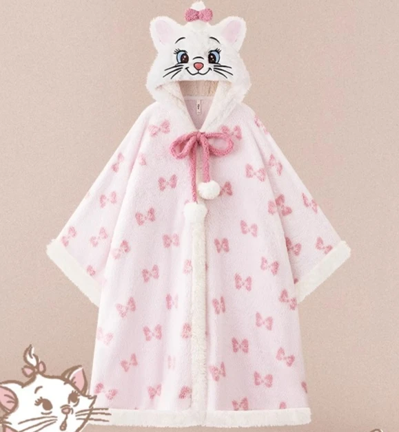 Cartoon Cat Nightgown Women Autumn and Winter Coral Fleece Long Cape Pajamas Loungewear Sleepwear Women