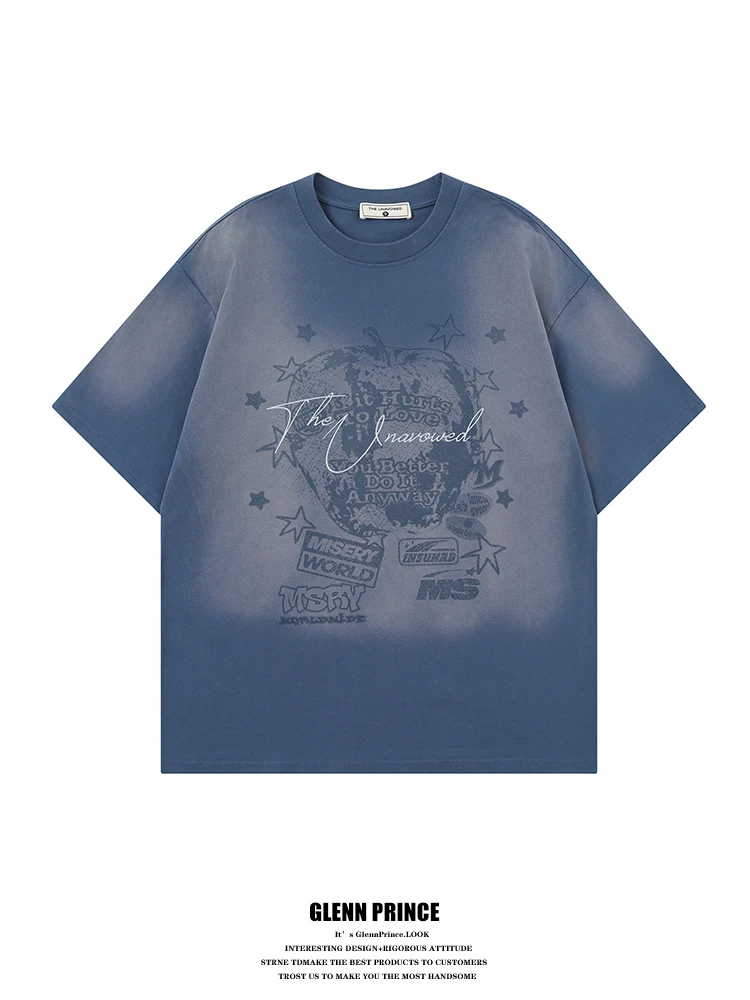 

GPstudio American Retro Washed Print Short Sleeve T-Shirt Men Summer Versatile Loose Fit Cotton Youth Fashion Top