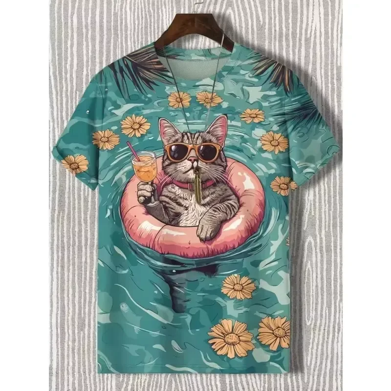 2026 Men 3D Print Swimming Flower Cat T Shirt Motorcycle Beach Summer Round Neck Oversized Short Sleeve Tops Tees