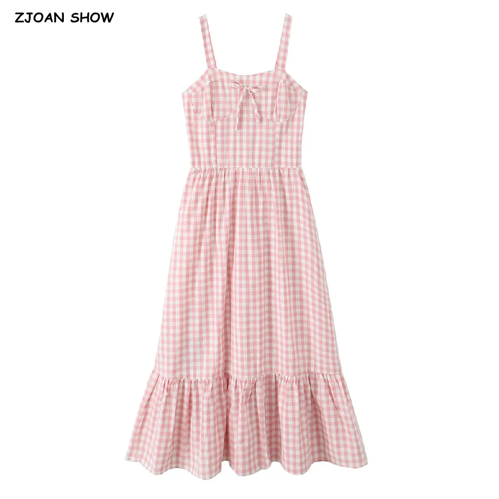

2025 Sexy Pink White Plaid Slash Collar Tank Dress Women Slim Low Waist Folds Ruffles Hem Midi Long A-line Swing Dresses Robe