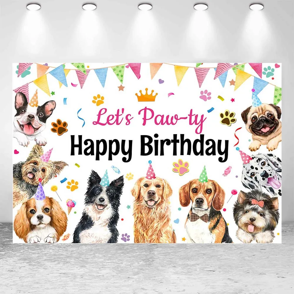Mocsicka Puppy Dog Happy Birthday Backdrop Let's Paw-ty Pet Party Decor Child Family Portrait Background Photo Studio Photoshoot