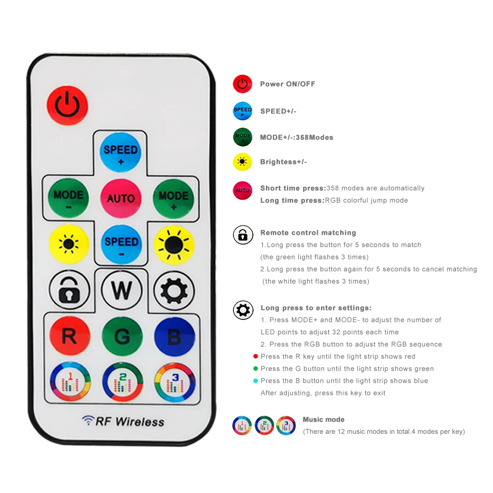 17Keys Music Led Controller 3Pin Mini RF Remote DC5-24V For WS2812B WS2811 5050 RGB Individually Addressable Strip 358 Modes