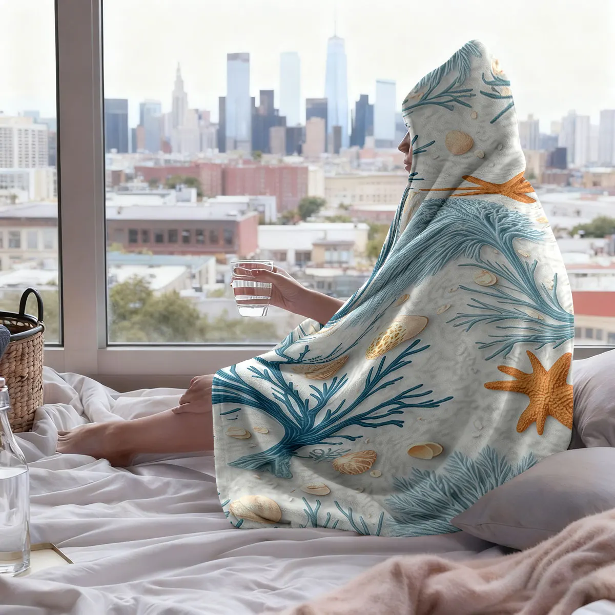 A flannel hoodie with a marine pattern featuring blue coral orange starfish shells blanket multiple sizes view 6