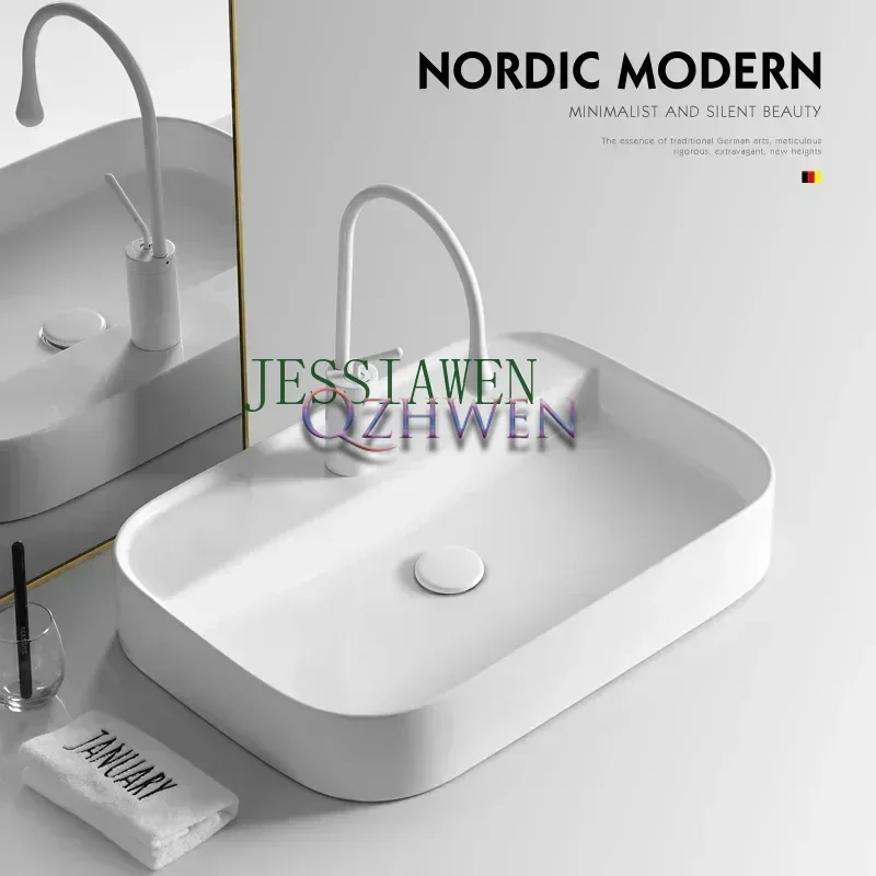 Simple Thin Edge White Ceramic Washbasin Nordic Morden Square Bathroom Sink Washroom Countertop Art Basin with Faucet Set